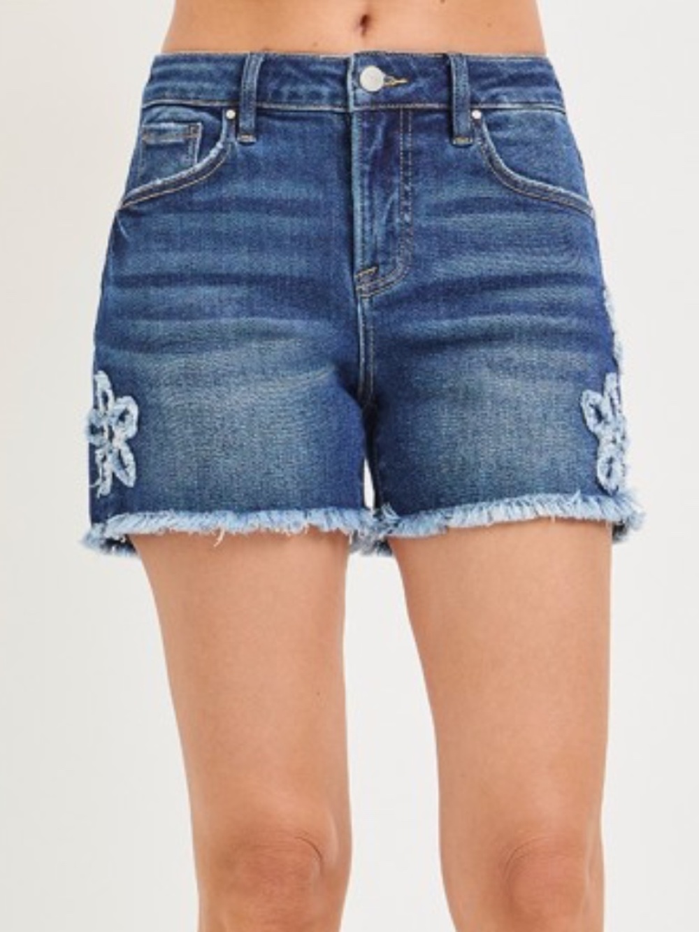 Risen Dark Wash Flower Patched Frayed hem Denim Jean Shorts - Picture 6 of 6